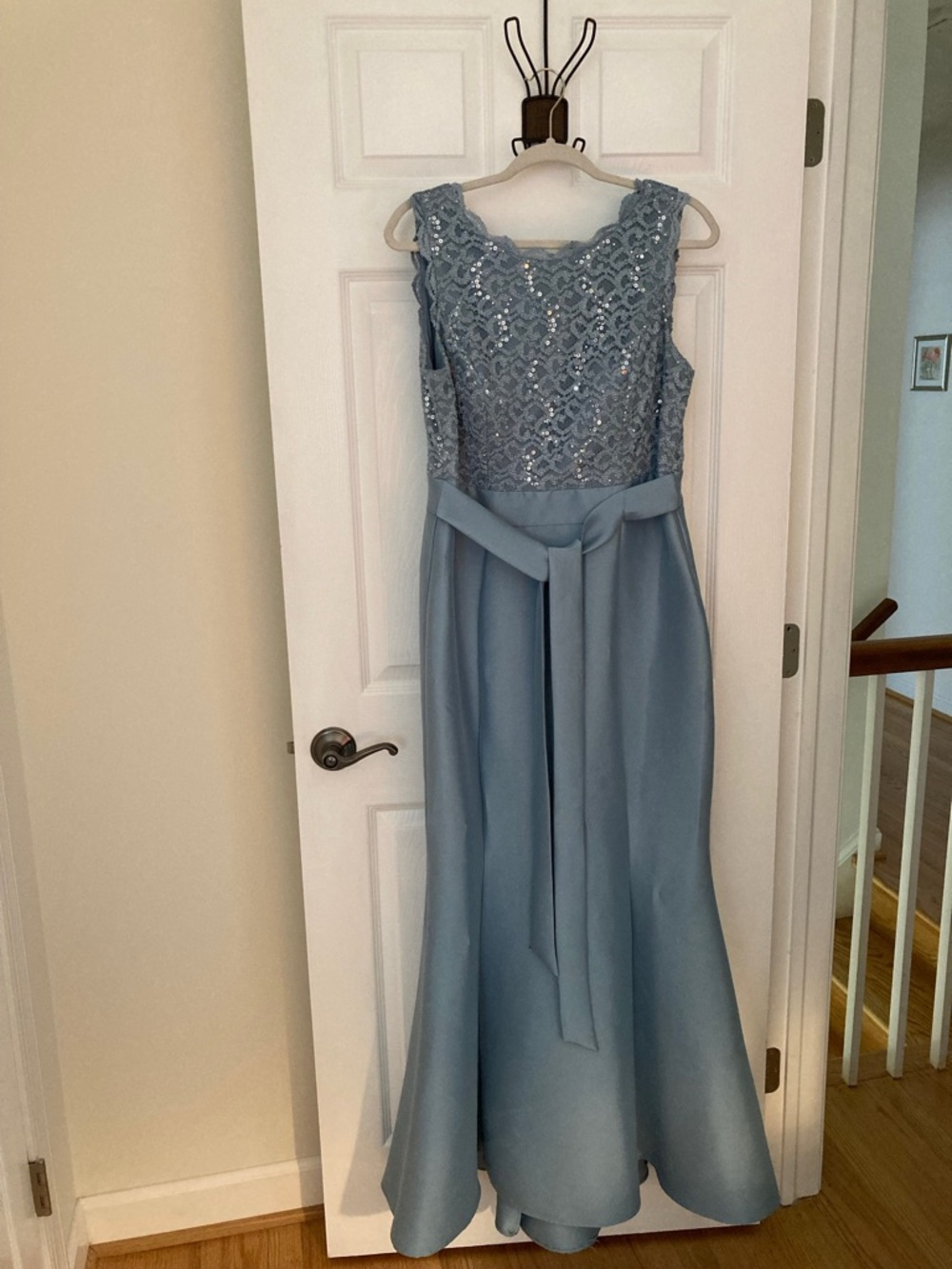 R&M Richards Dusty Blue Lace & Satin Mermaid Prom Gown